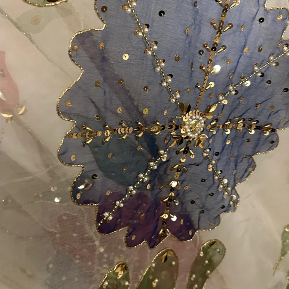 Organza Duppatta stole white painted floral full size. Pearl sequins work. NWOT - Picture 9 of 13